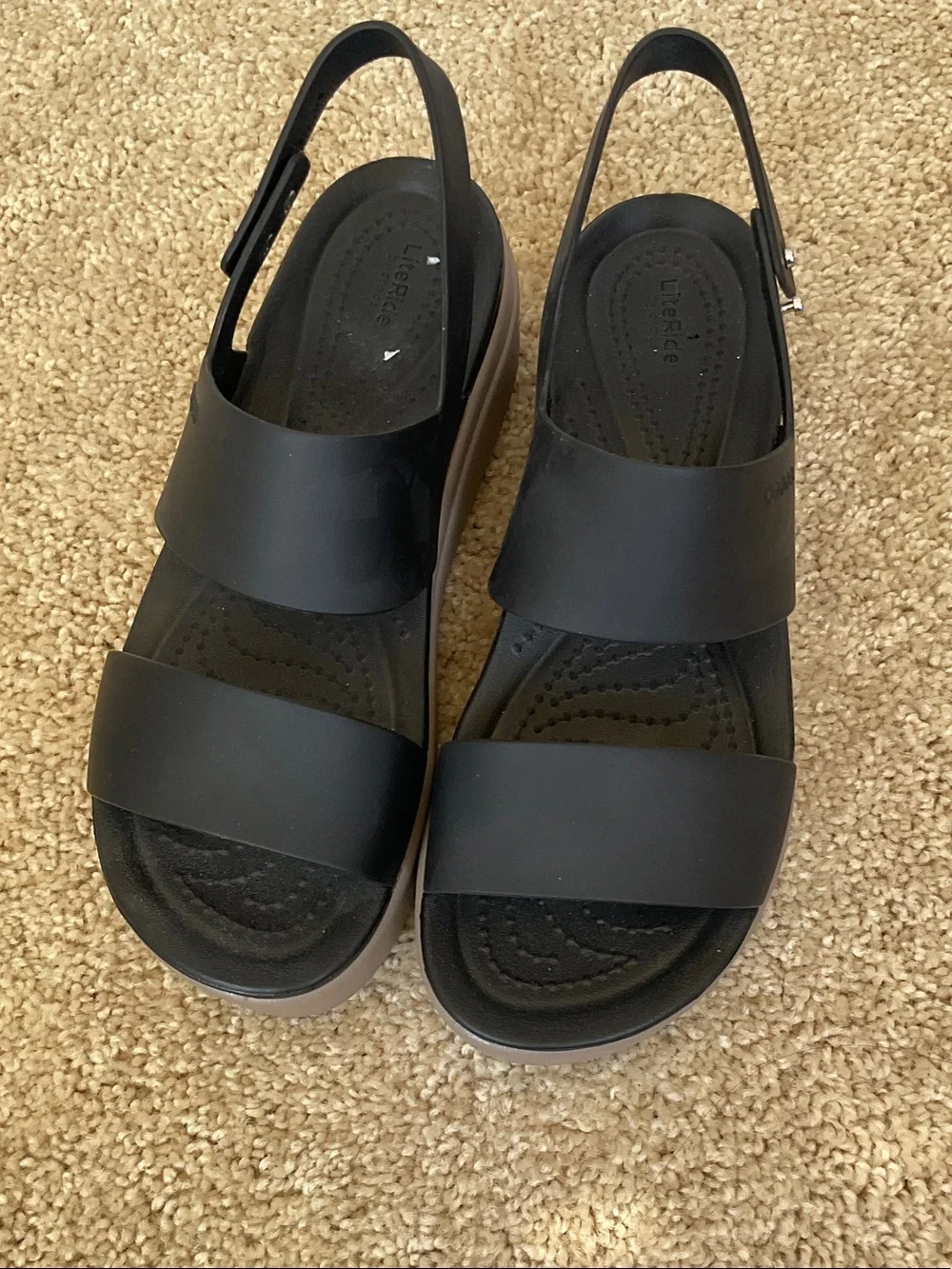 CROCS Black Upper with Tan Platform Slingback Platforms